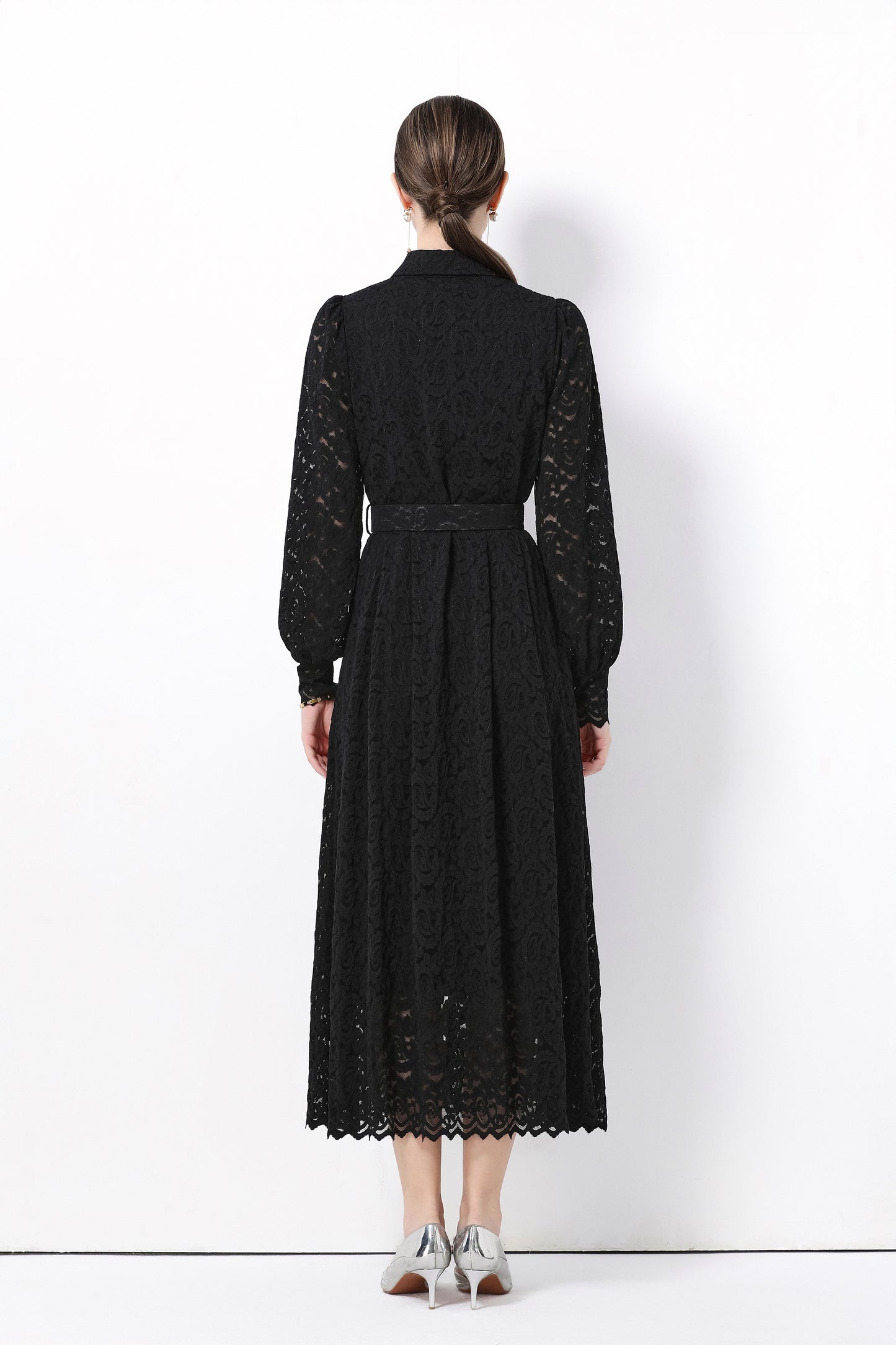 Women's Lapel Collar Floral Lace Button Maxi Dress