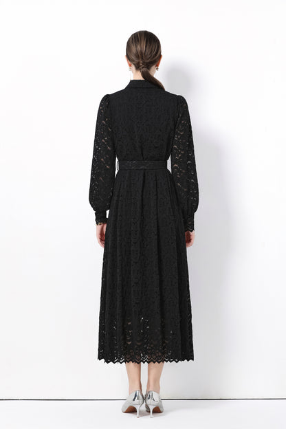 Women's Lapel Collar Floral Lace Button Maxi Dress