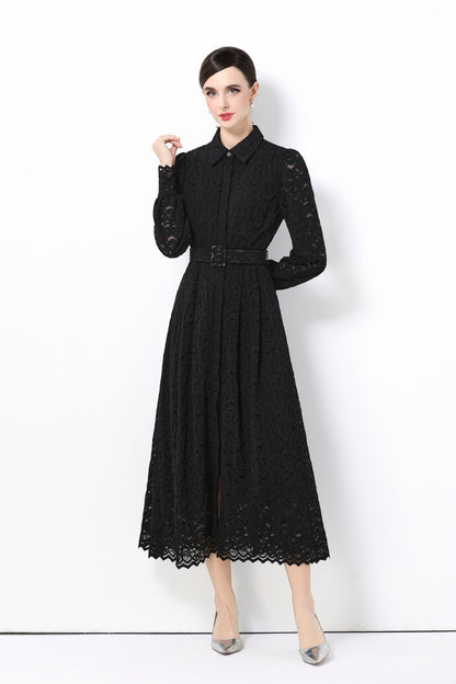 Women's Lapel Collar Floral Lace Button Maxi Dress