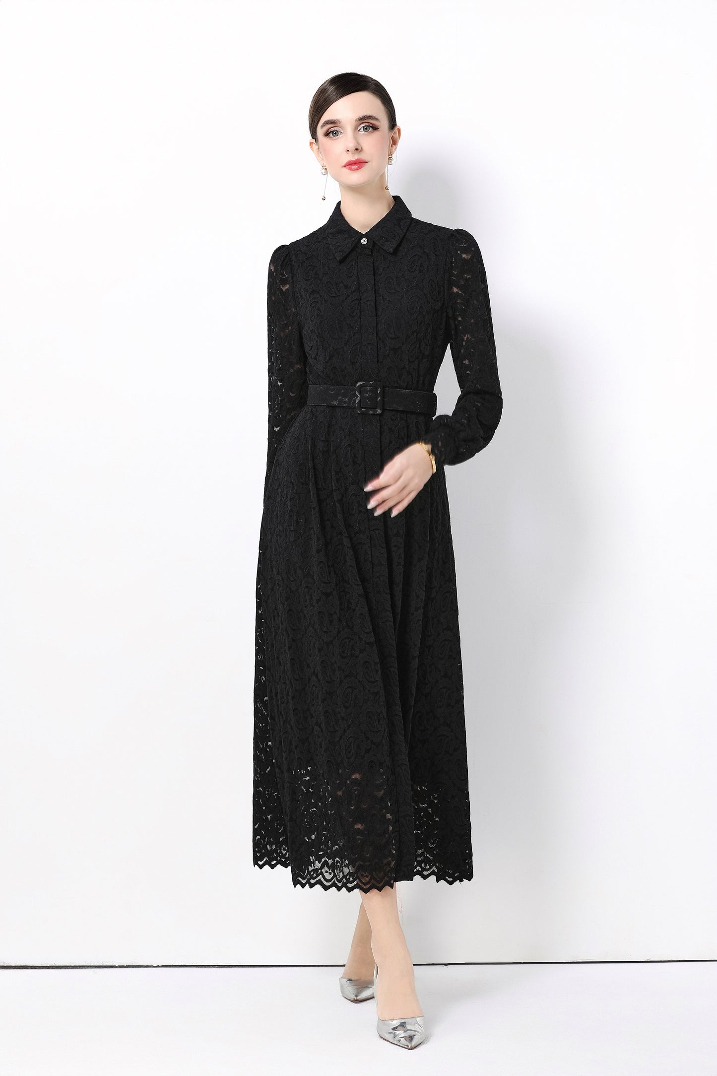 Women's Lapel Collar Floral Lace Button Maxi Dress