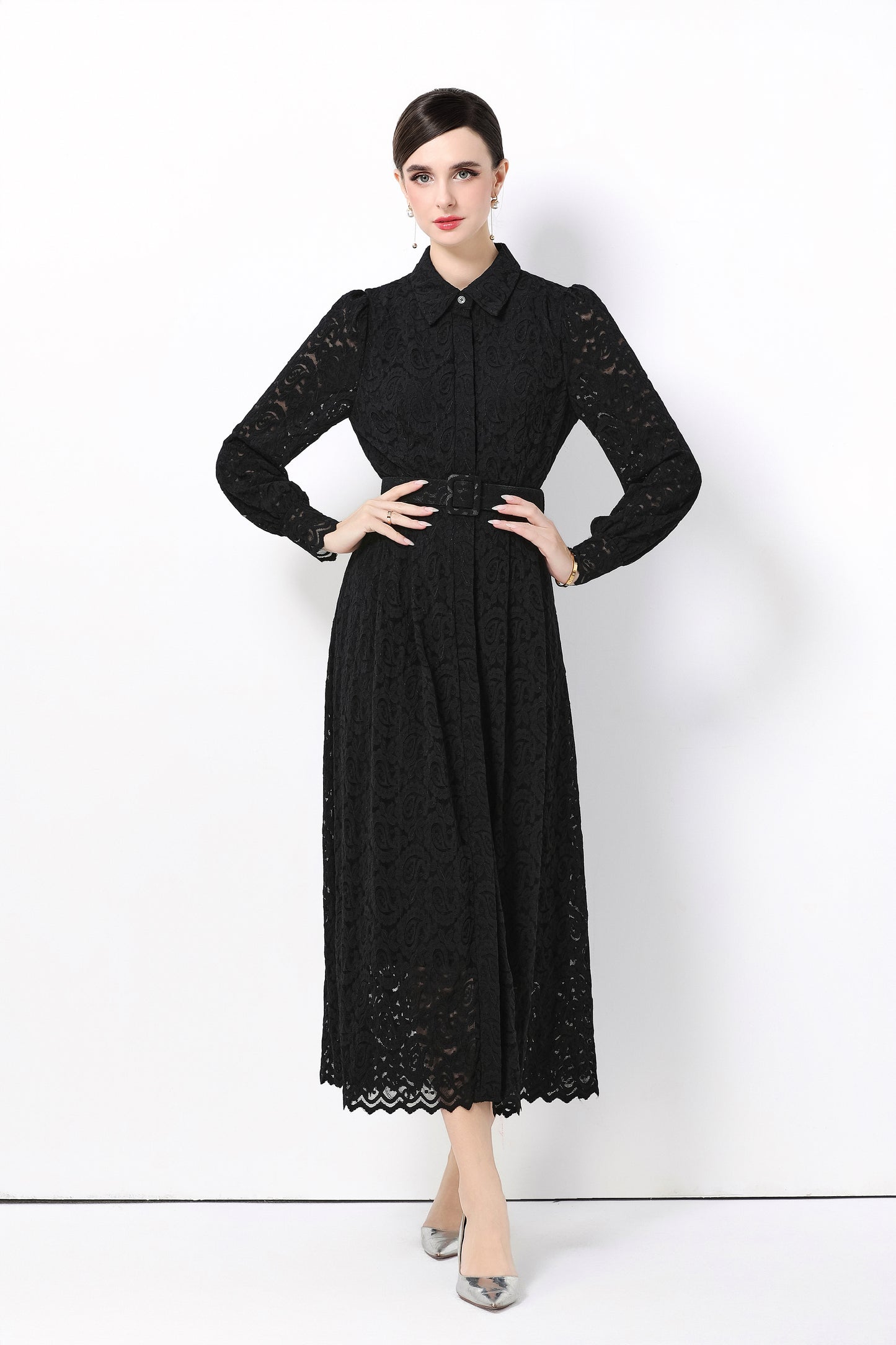 Women's Lapel Collar Floral Lace Button Maxi Dress
