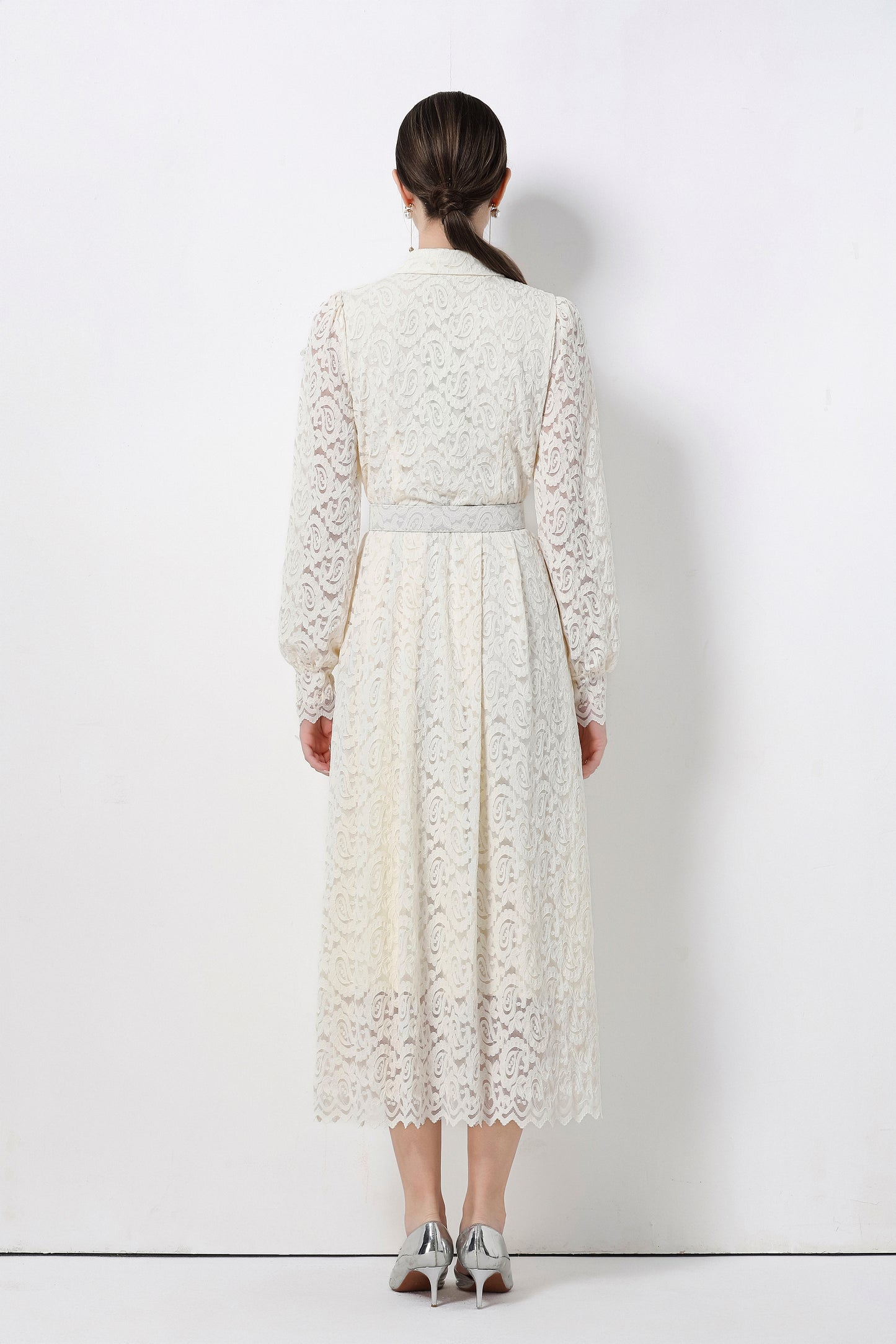 Women's Lapel Collar Floral Lace Button Maxi Dress