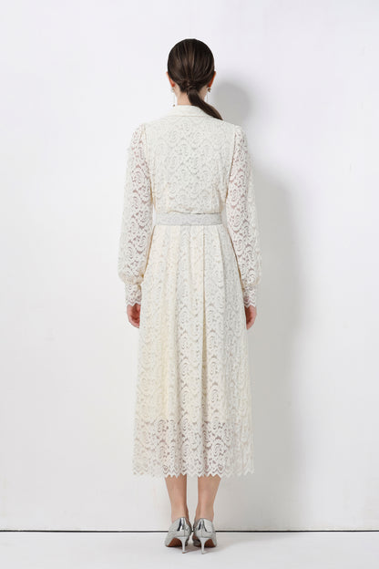 Women's Lapel Collar Floral Lace Button Maxi Dress