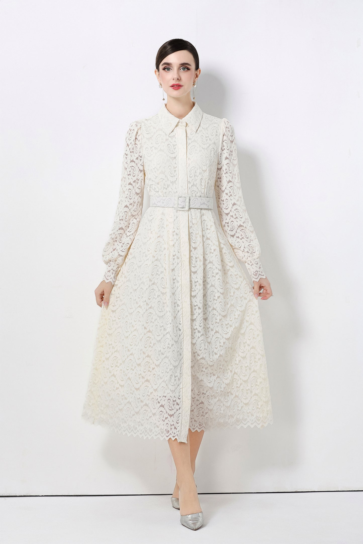 Women's Lapel Collar Floral Lace Button Maxi Dress