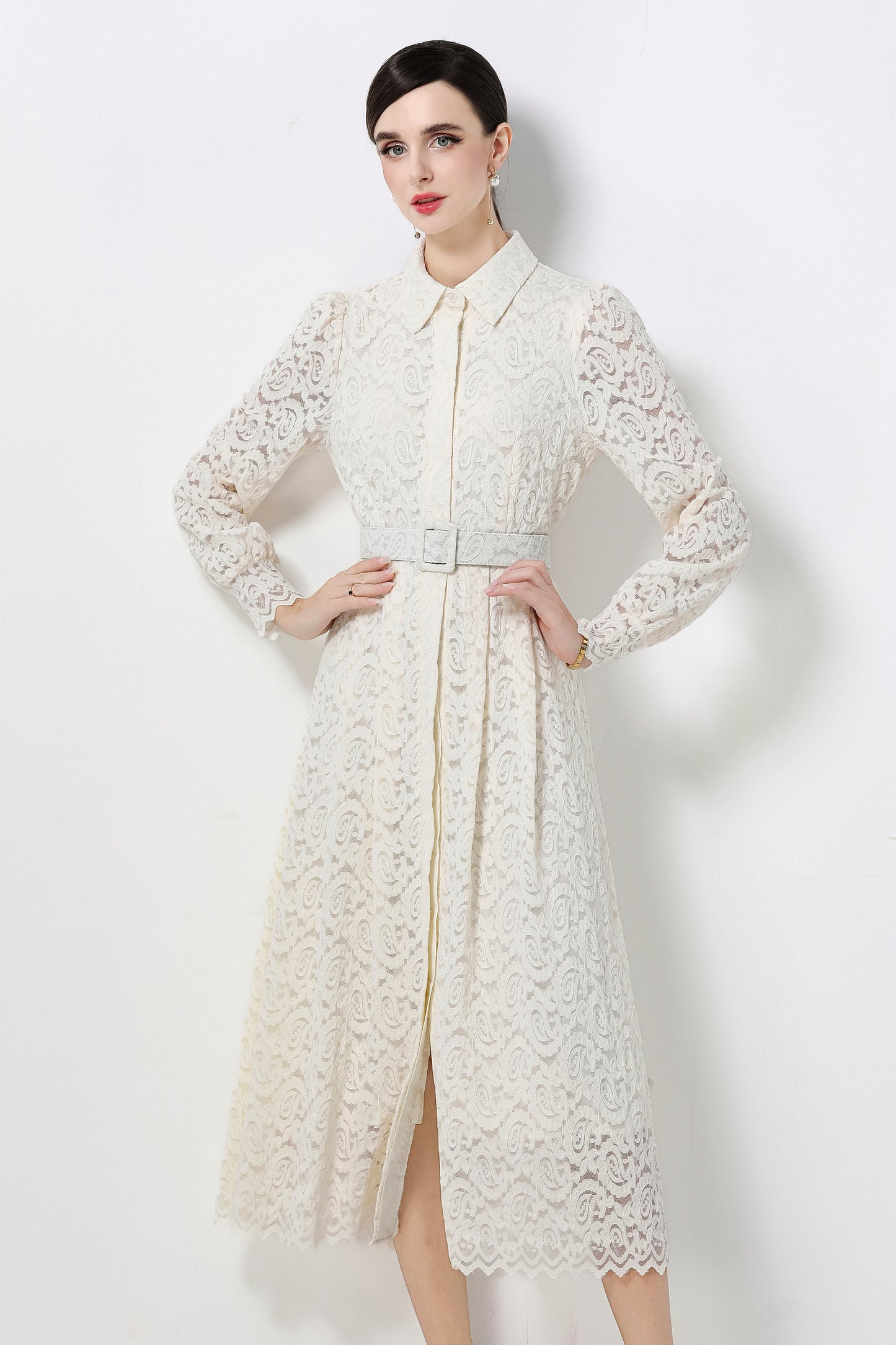 Women's Lapel Collar Floral Lace Button Maxi Dress