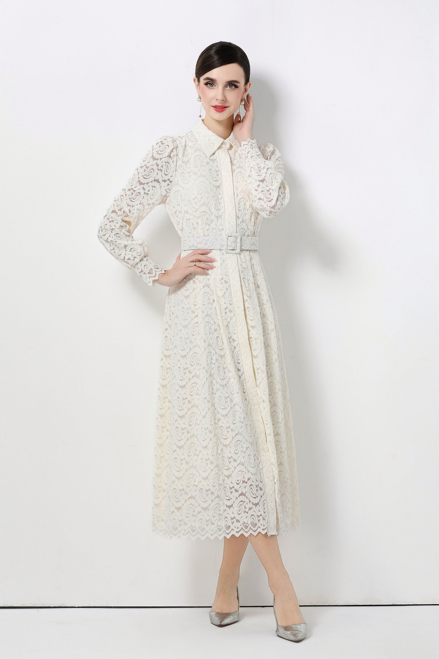 Women's Lapel Collar Floral Lace Button Maxi Dress