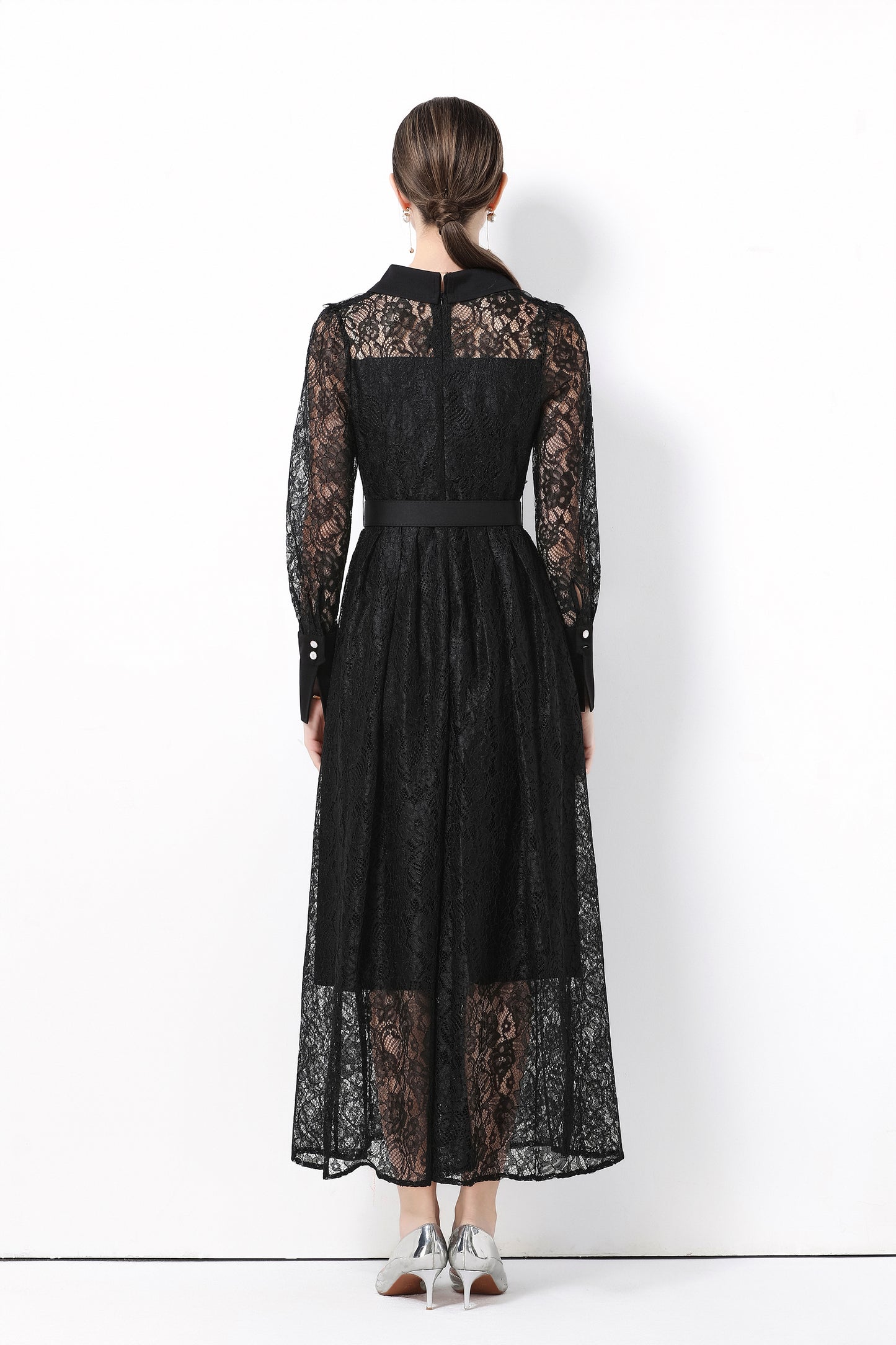 Women's Polo Collar Long Sleeve Lace Maxi Dress