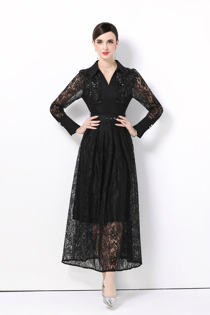 Women's Polo Collar Long Sleeve Lace Maxi Dress