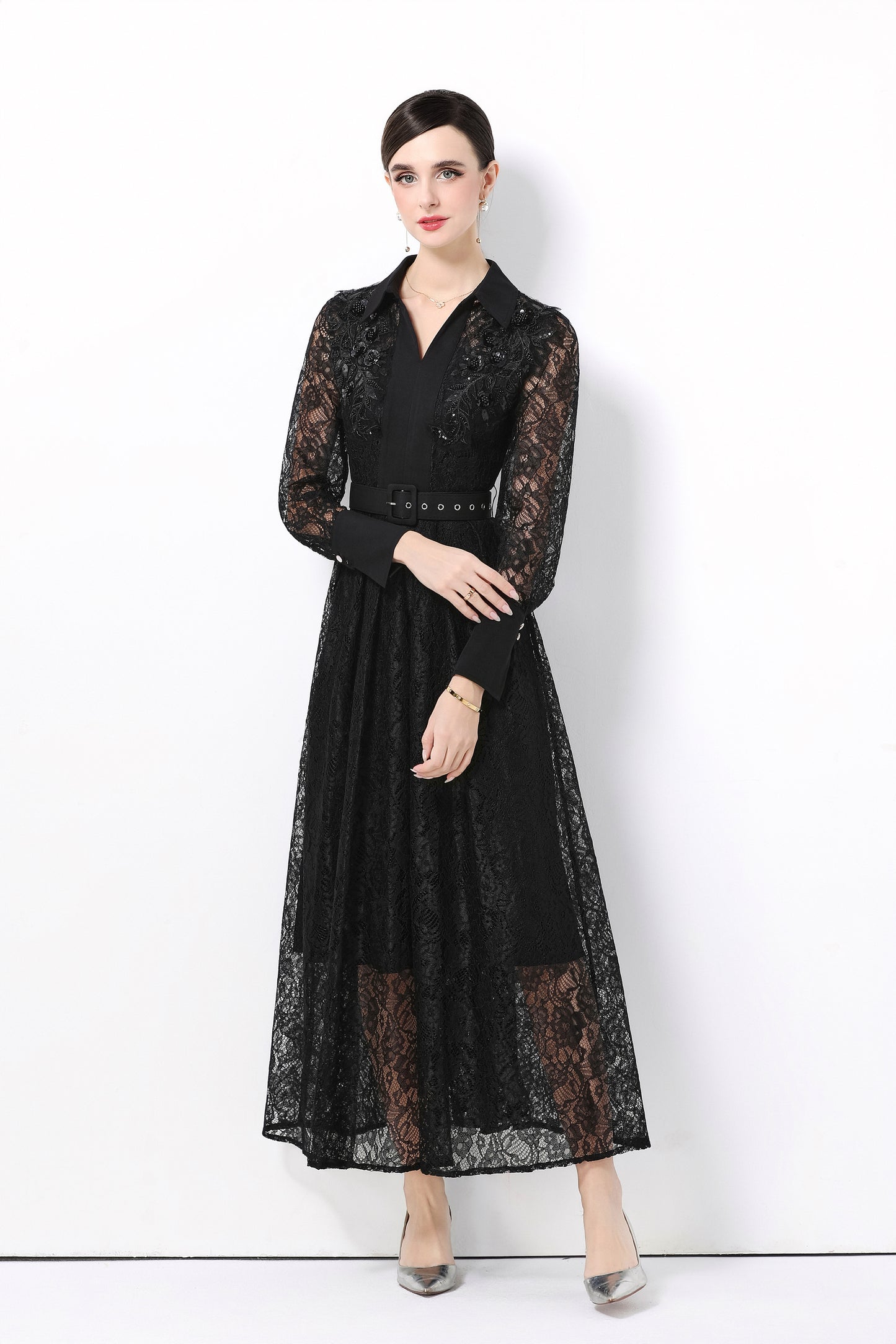 Women's Polo Collar Long Sleeve Lace Maxi Dress
