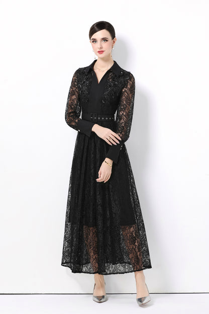 Women's Polo Collar Long Sleeve Lace Maxi Dress