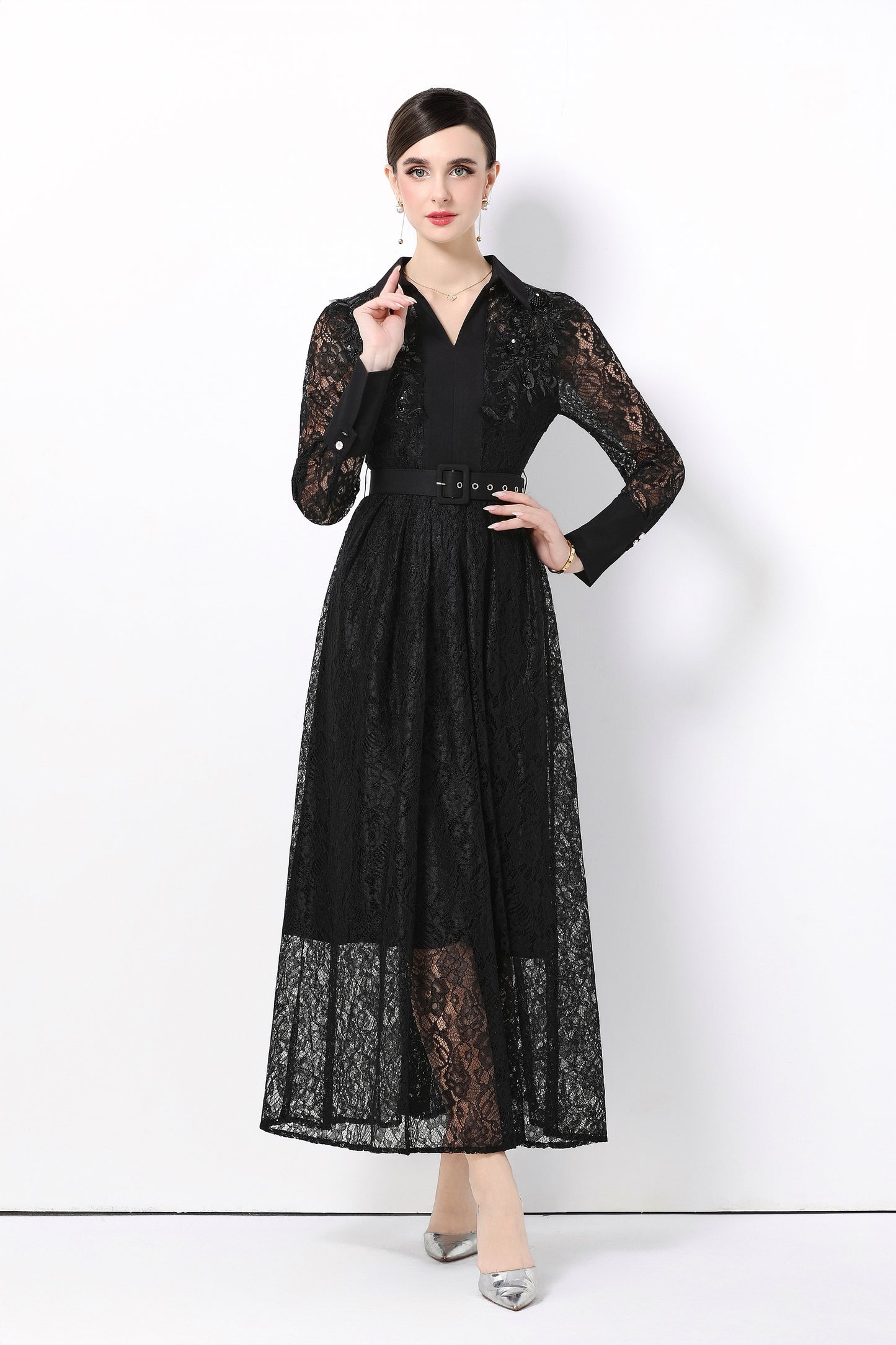 Women's Polo Collar Long Sleeve Lace Maxi Dress