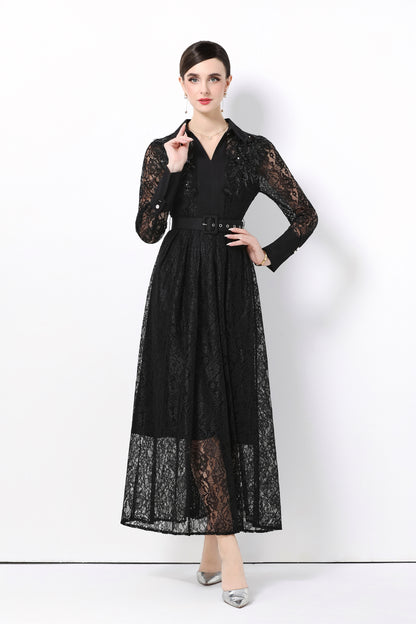 Women's Polo Collar Long Sleeve Lace Maxi Dress