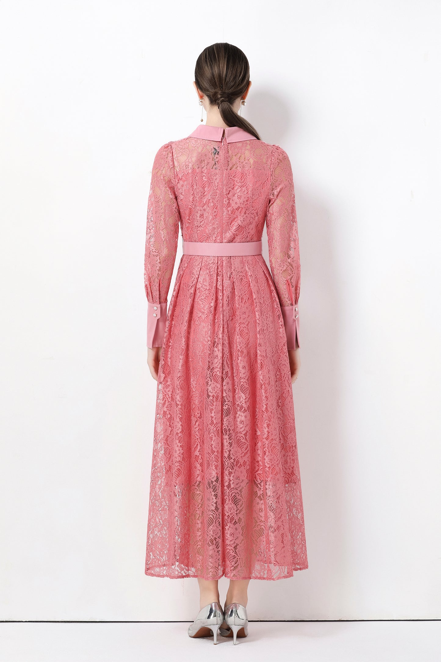 Women's Polo Collar Long Sleeve Lace Maxi Dress