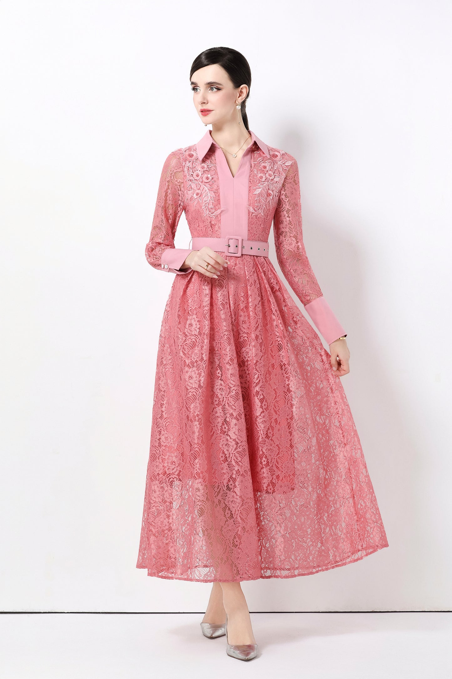Women's Polo Collar Long Sleeve Lace Maxi Dress