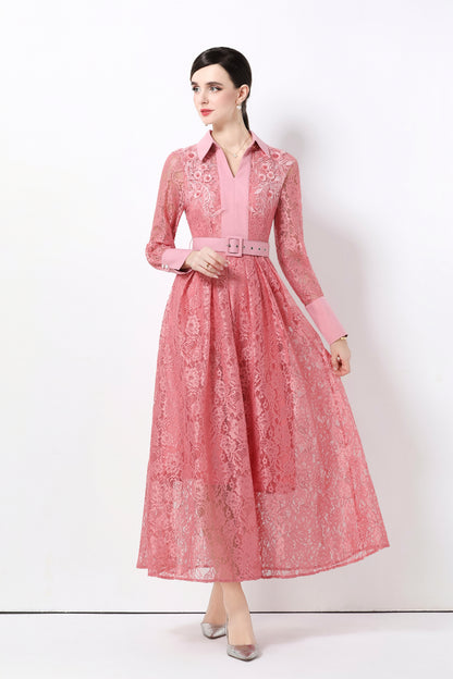 Women's Polo Collar Long Sleeve Lace Maxi Dress