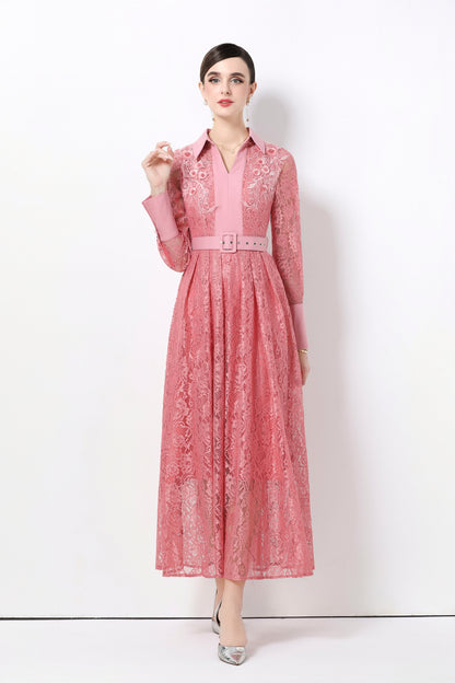 Women's Polo Collar Long Sleeve Lace Maxi Dress