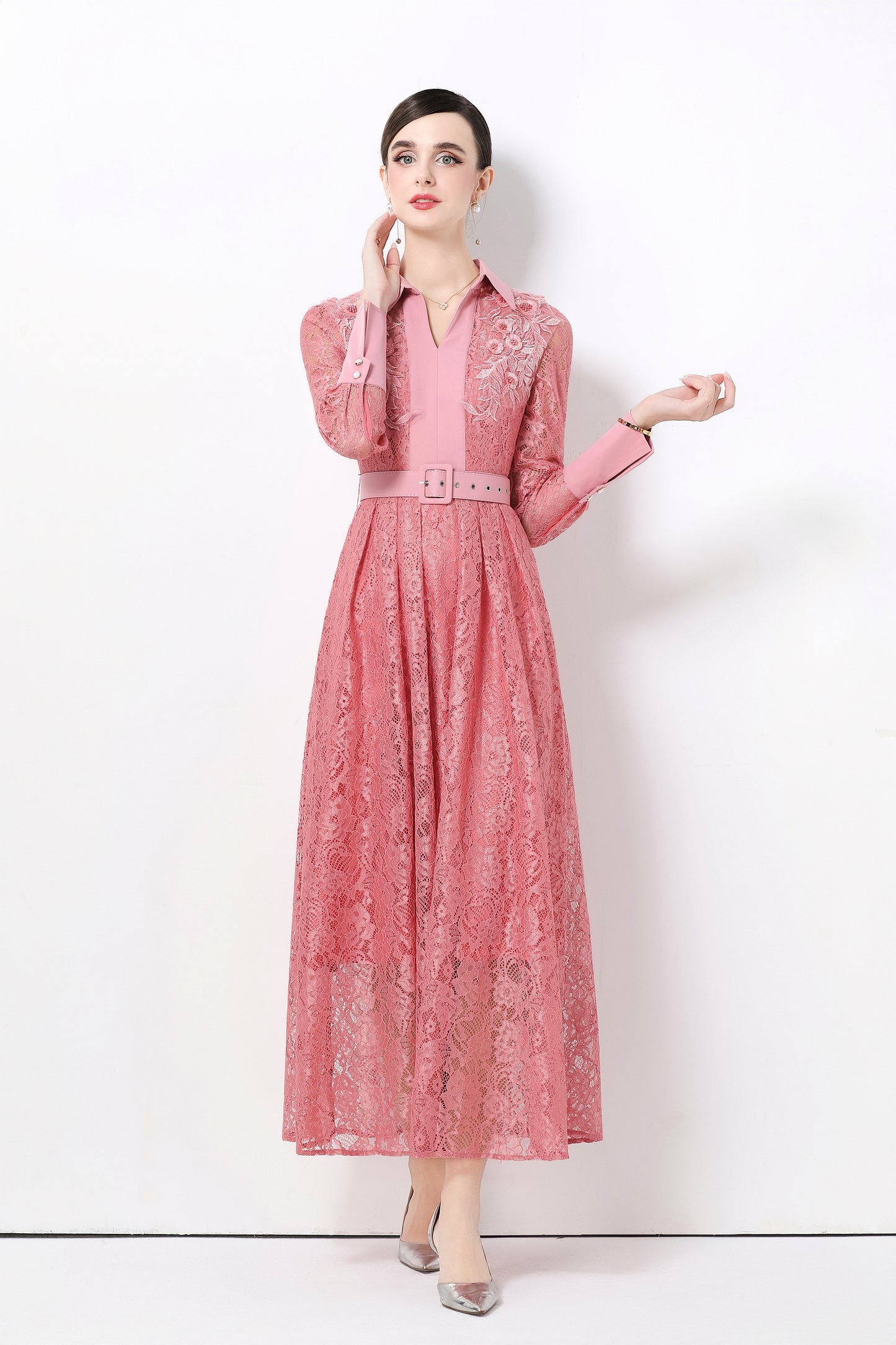 Women's Polo Collar Long Sleeve Lace Maxi Dress