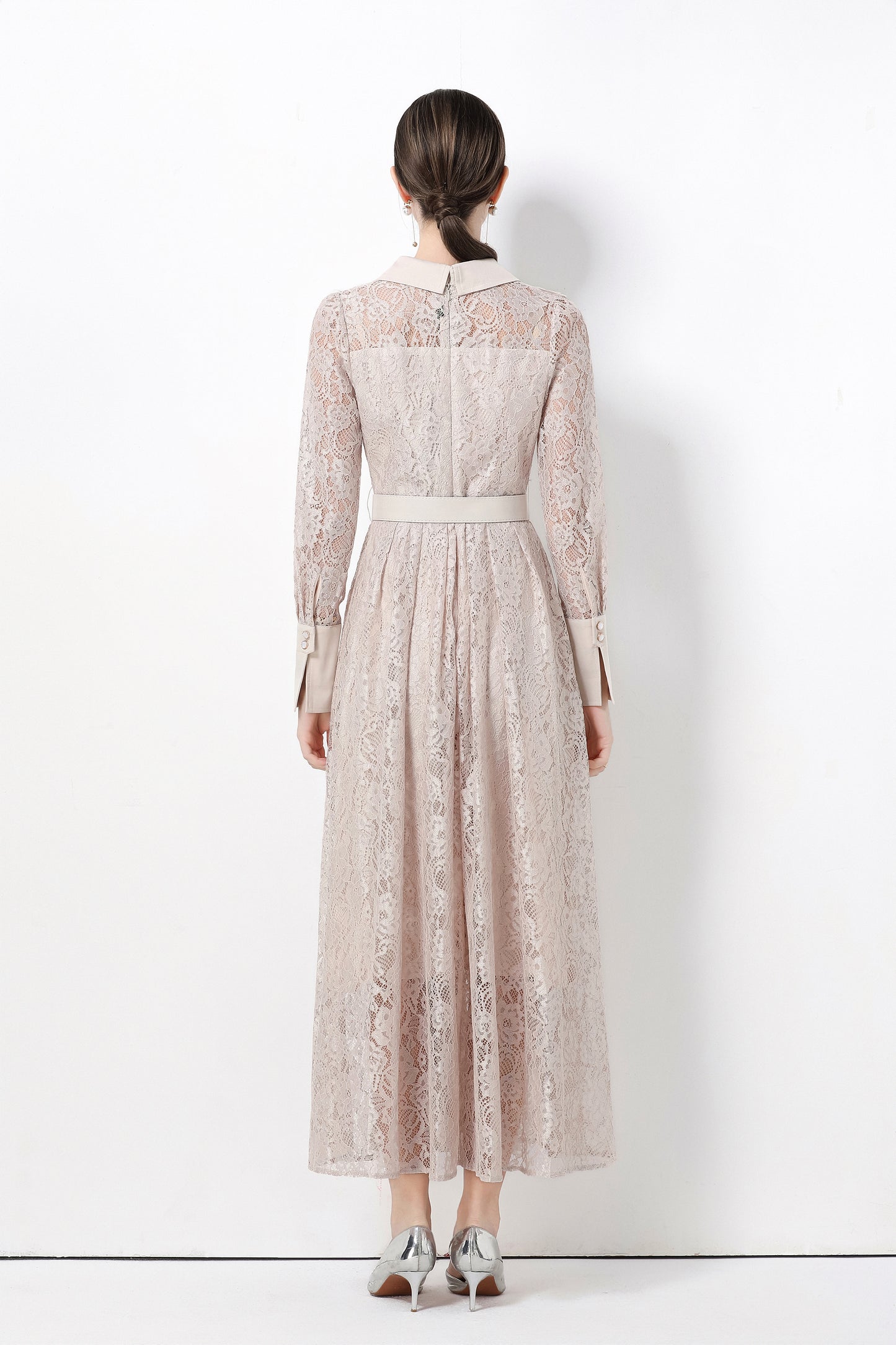 Women's Polo Collar Long Sleeve Lace Maxi Dress