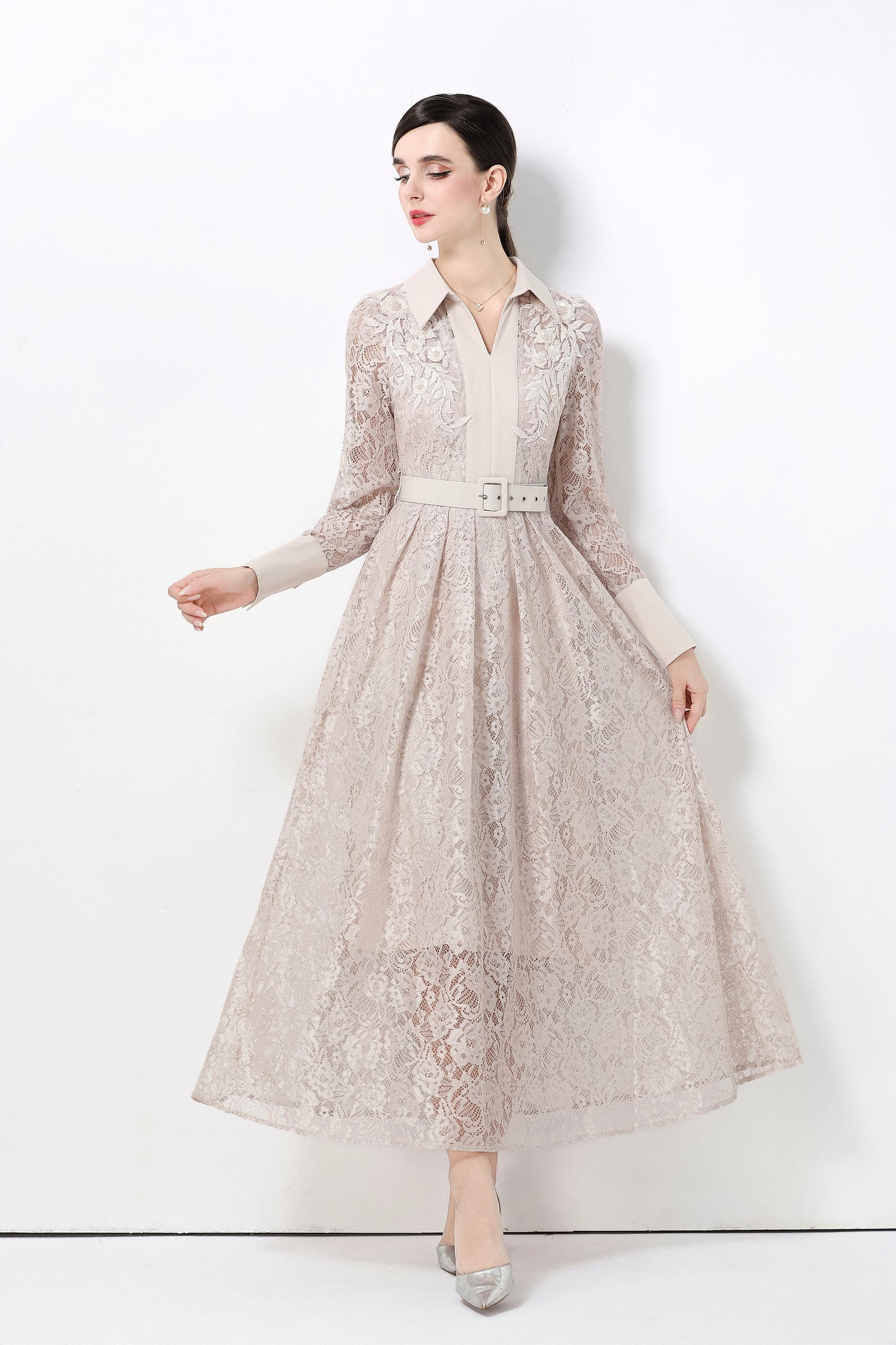 Women's Polo Collar Long Sleeve Lace Maxi Dress