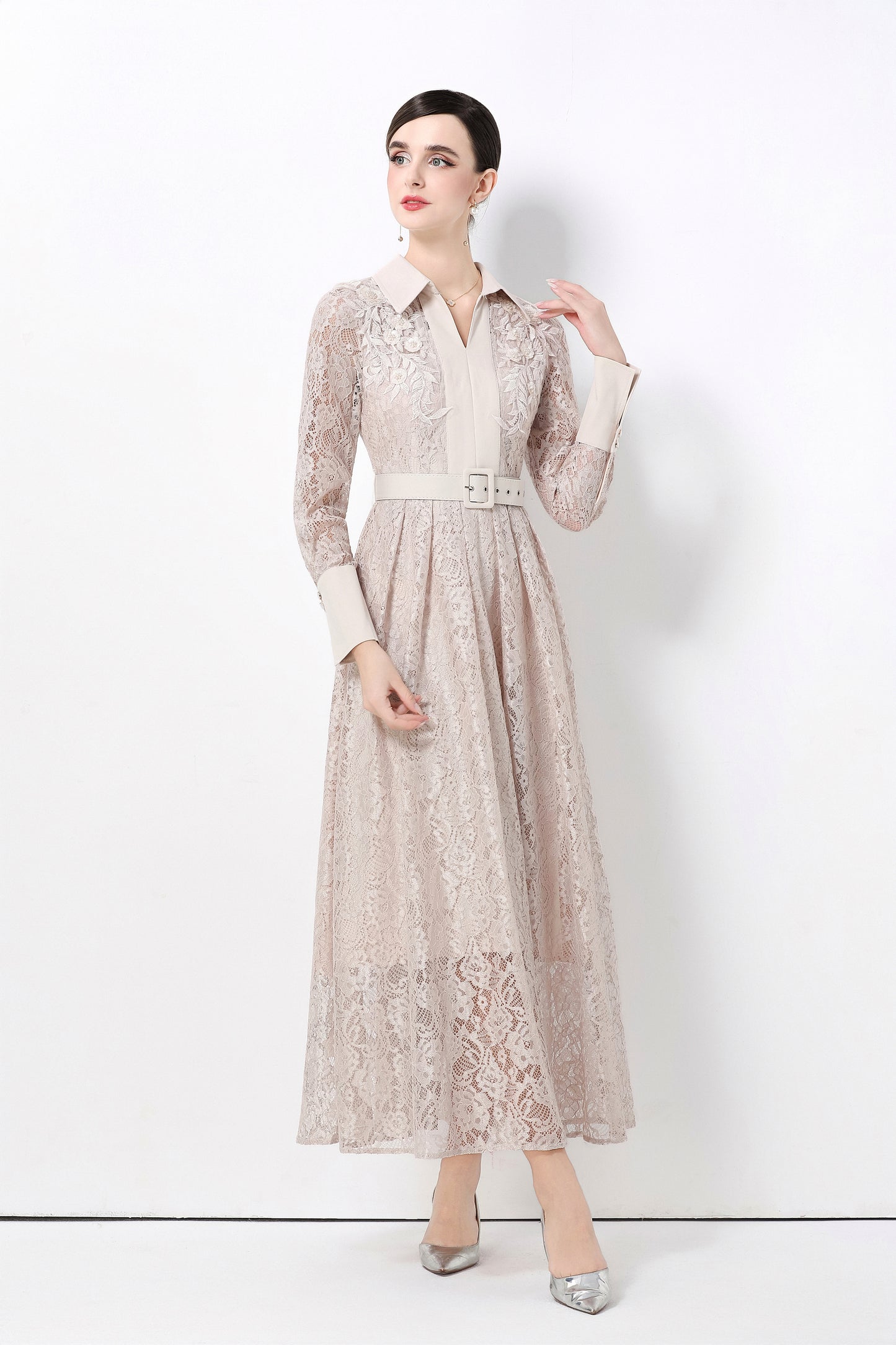 Women's Polo Collar Long Sleeve Lace Maxi Dress