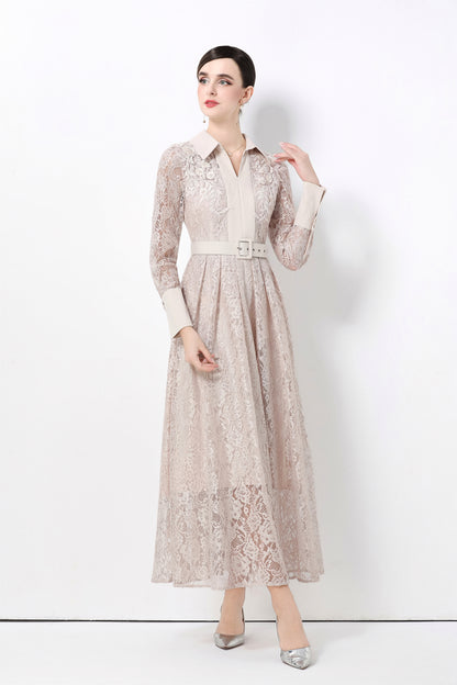 Women's Polo Collar Long Sleeve Lace Maxi Dress