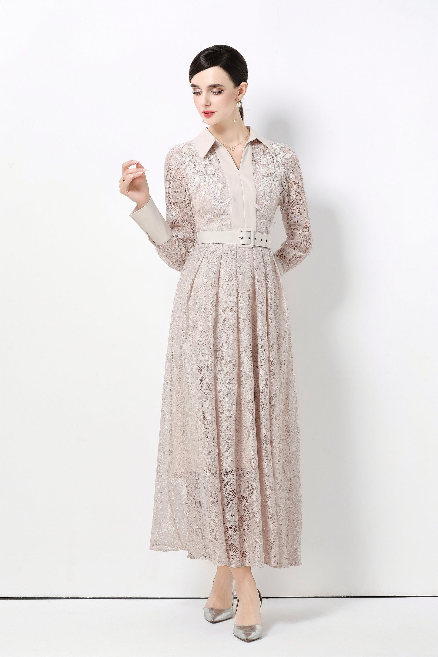 Women's Polo Collar Long Sleeve Lace Maxi Dress