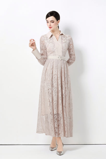 Women's Polo Collar Long Sleeve Lace Maxi Dress