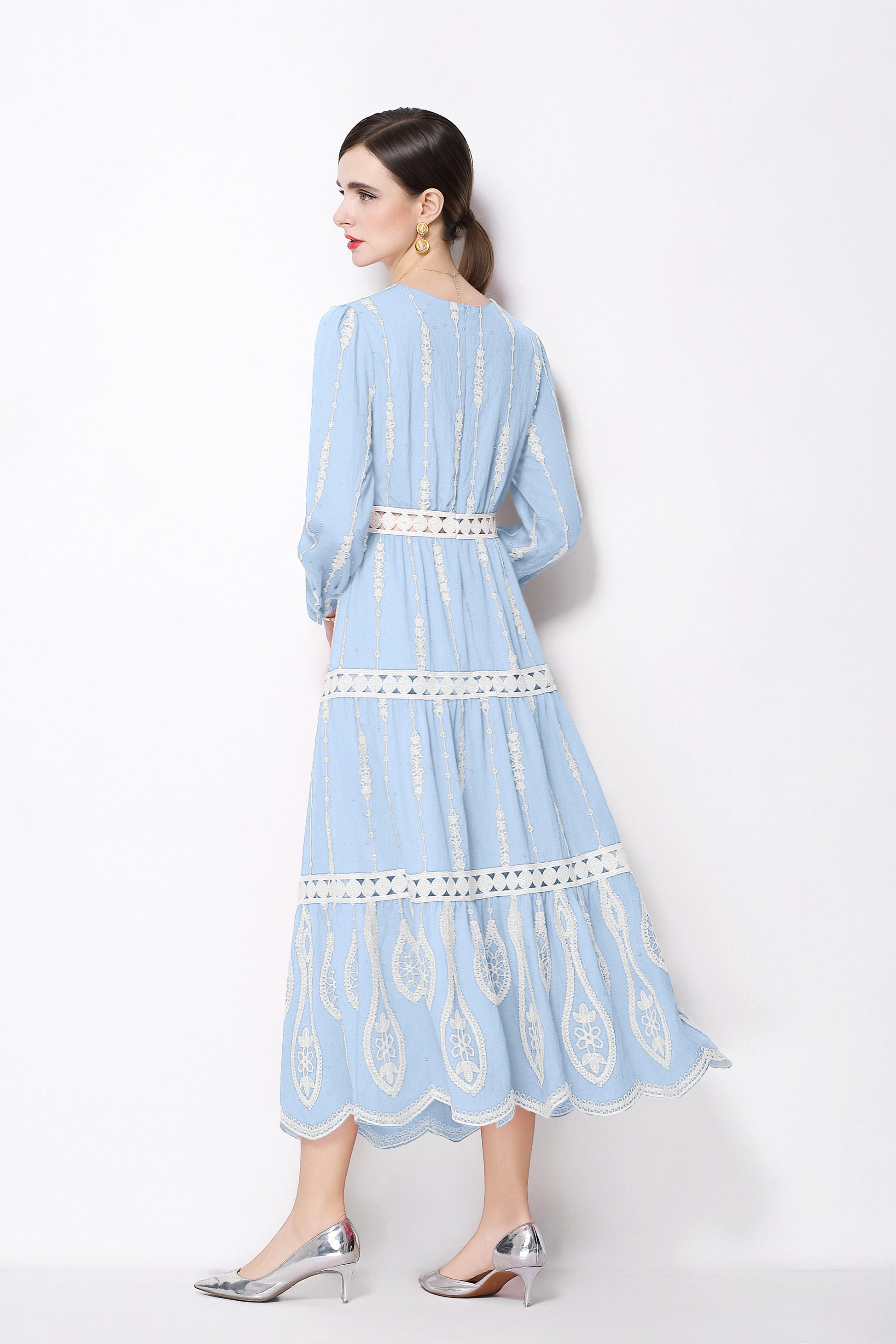 Women's V Neck Long Sleeve Hollowed Lace Linen Dress - LAI MENG FIVE CATS