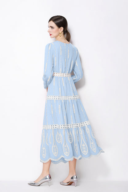 Women's V Neck Long Sleeve Hollowed Lace Linen Dress - LAI MENG FIVE CATS