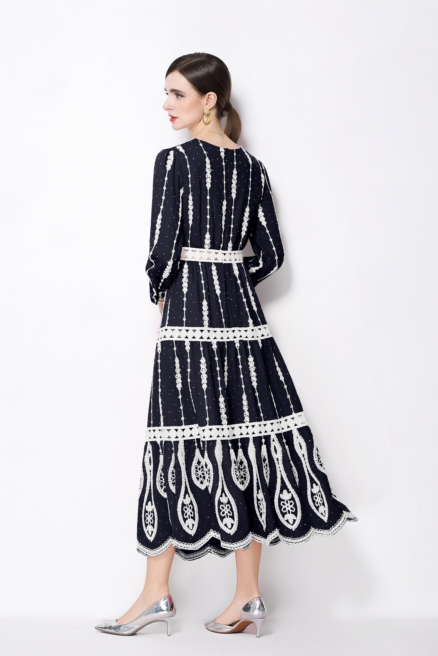 Women's V Neck Long Sleeve Hollowed Lace Linen Dress - LAI MENG FIVE CATS