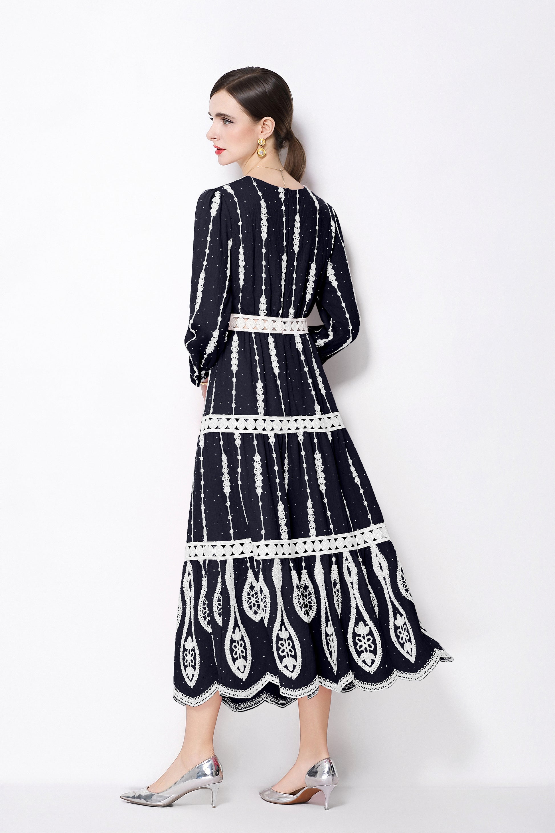 Women's V Neck Long Sleeve Hollowed Lace Linen Dress - LAI MENG FIVE CATS