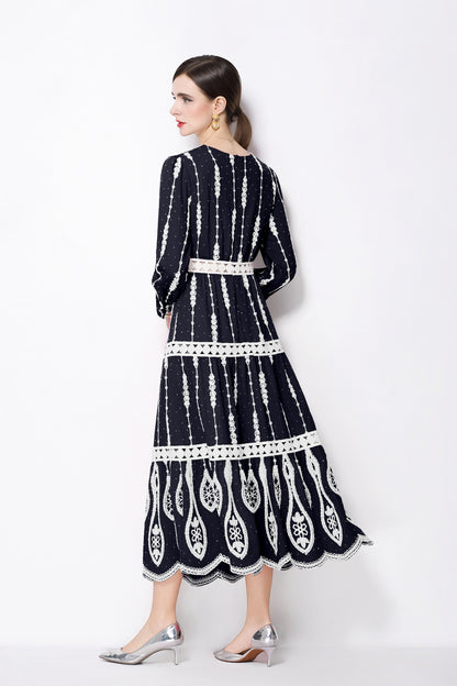 Women's V Neck Long Sleeve Hollowed Lace Linen Dress - LAI MENG FIVE CATS