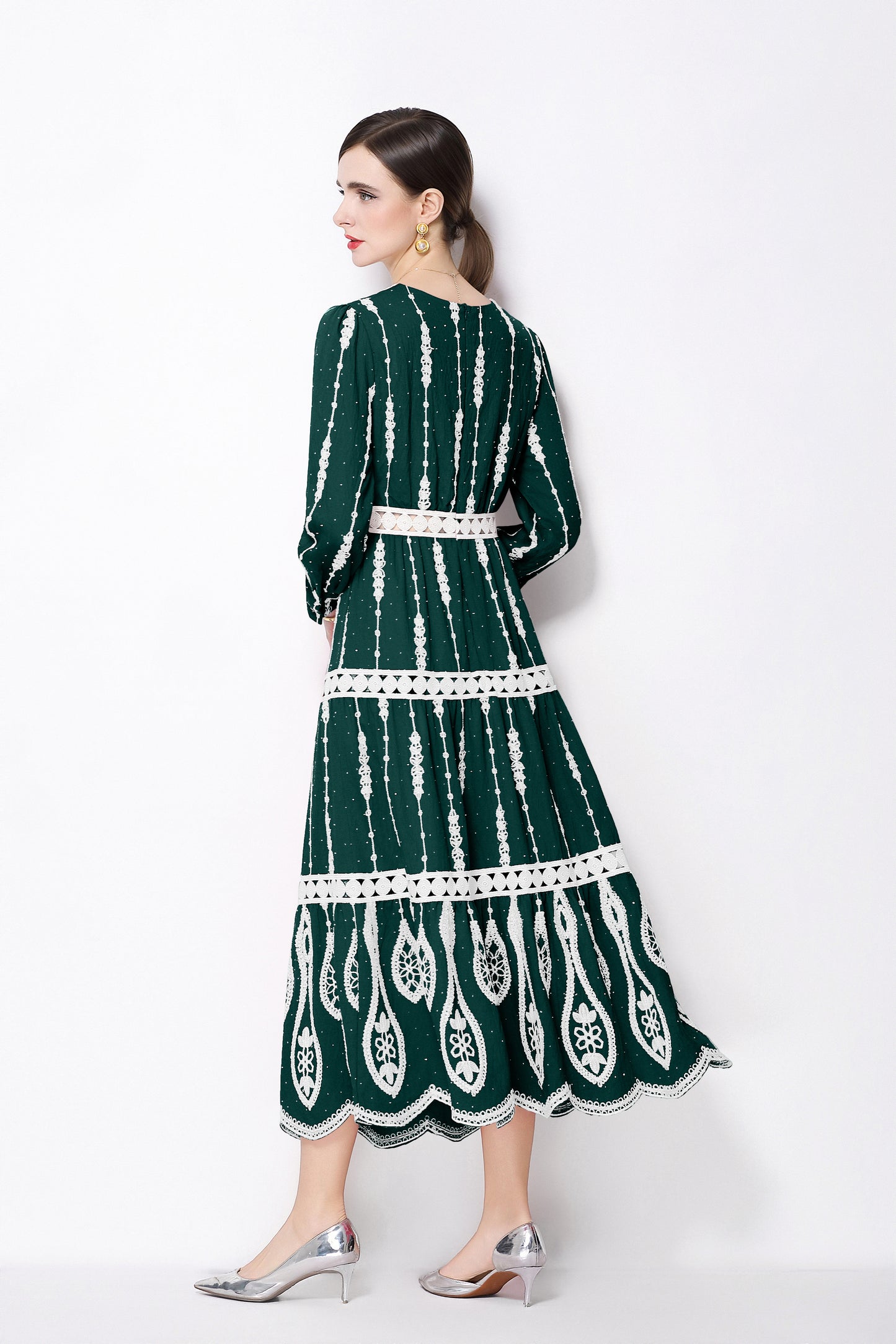 Women's V Neck Long Sleeve Hollowed Lace Linen Dress - LAI MENG FIVE CATS