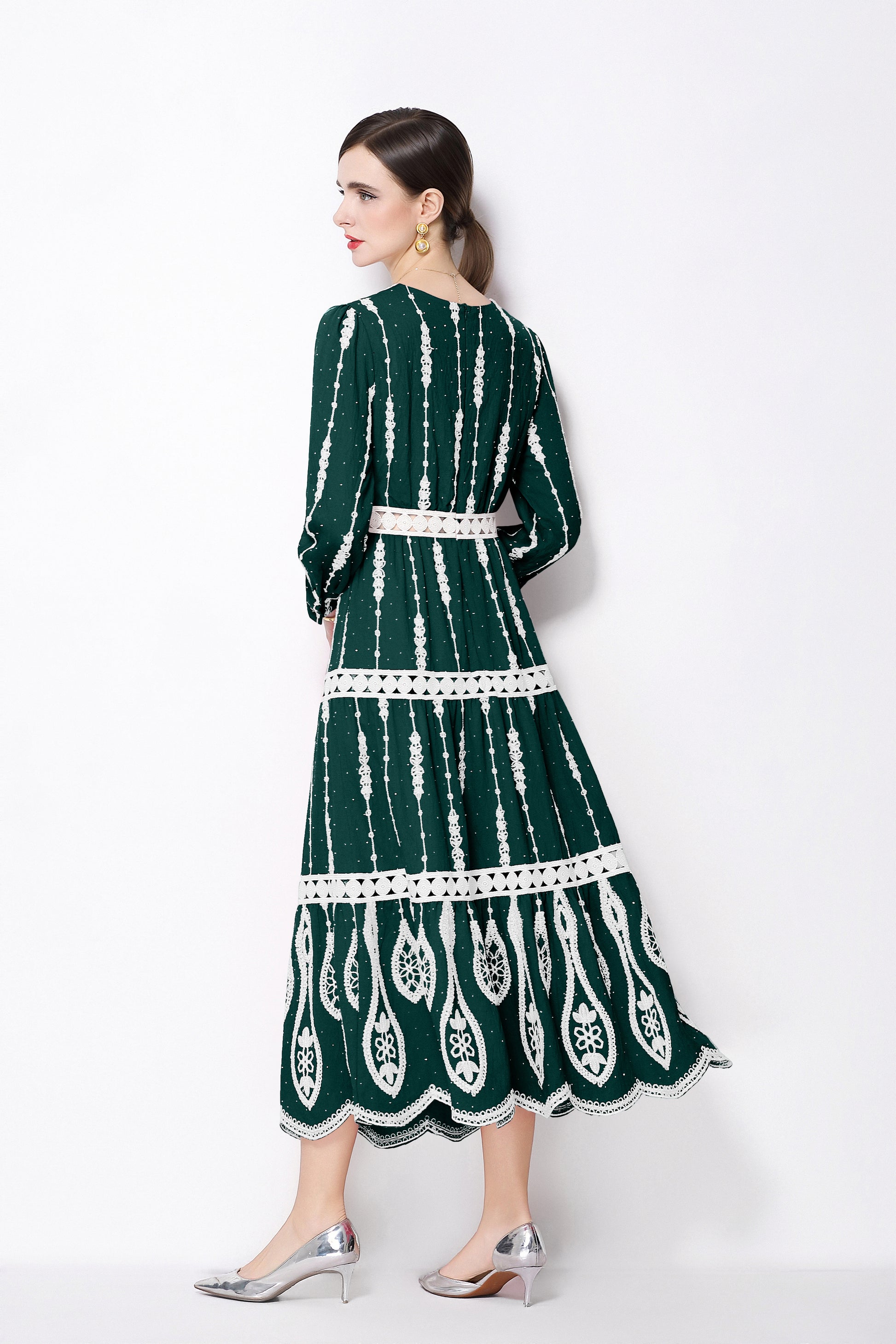 Women's V Neck Long Sleeve Hollowed Lace Linen Dress - LAI MENG FIVE CATS