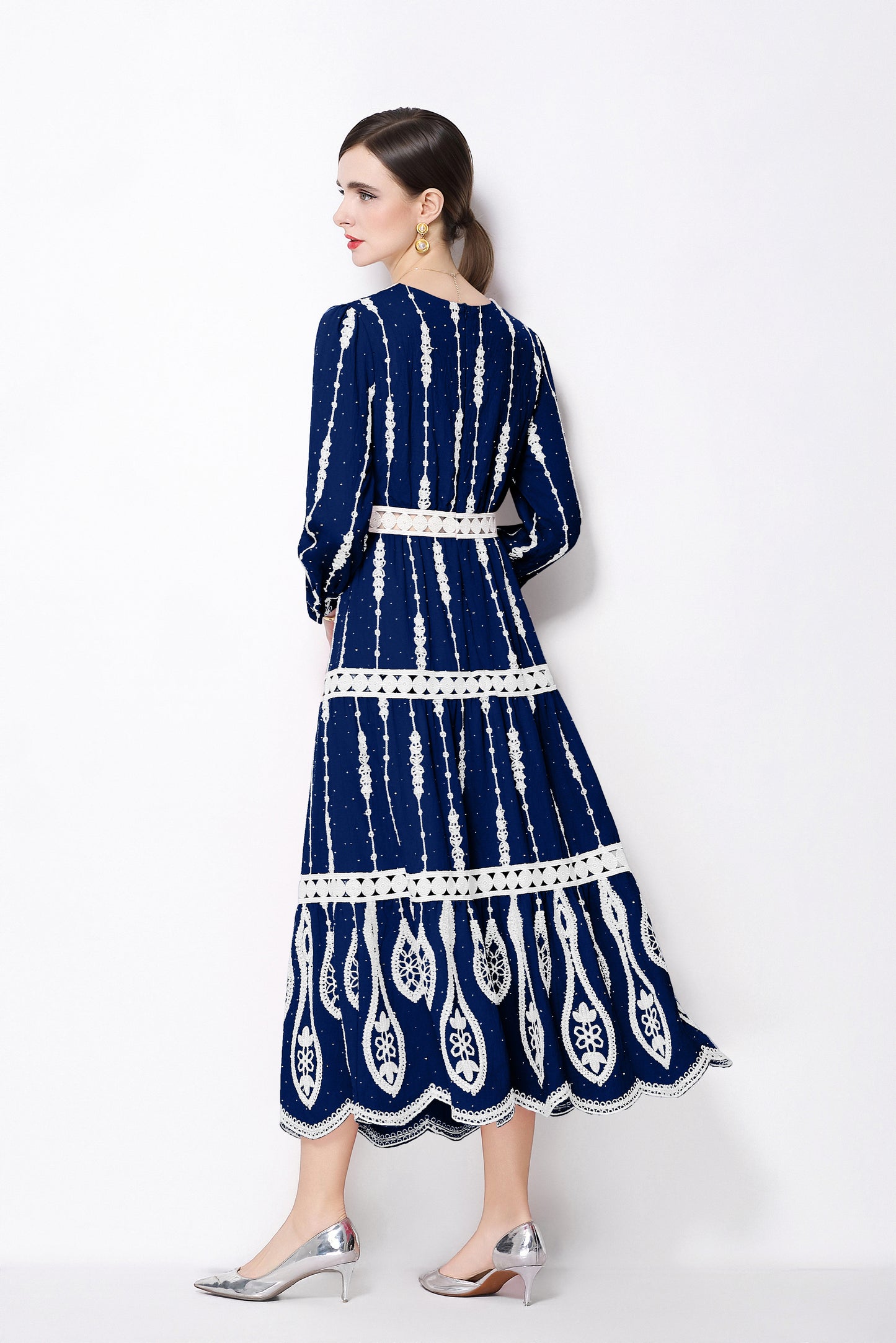 Women's V Neck Long Sleeve Hollowed Lace Linen Dress - LAI MENG FIVE CATS
