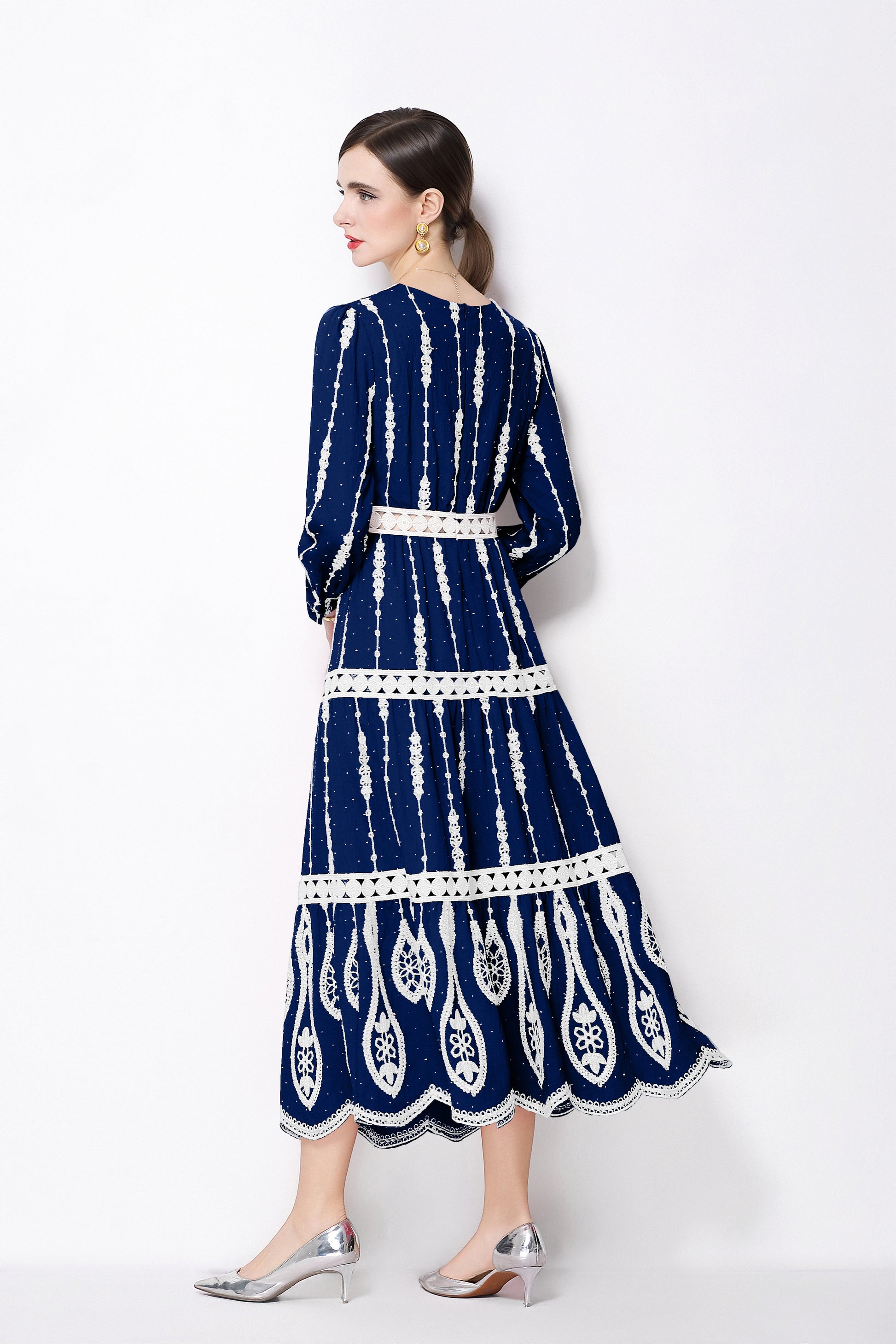 Women's V Neck Long Sleeve Hollowed Lace Linen Dress - LAI MENG FIVE CATS