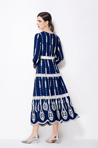 Women's V Neck Long Sleeve Hollowed Lace Linen Dress - LAI MENG FIVE CATS
