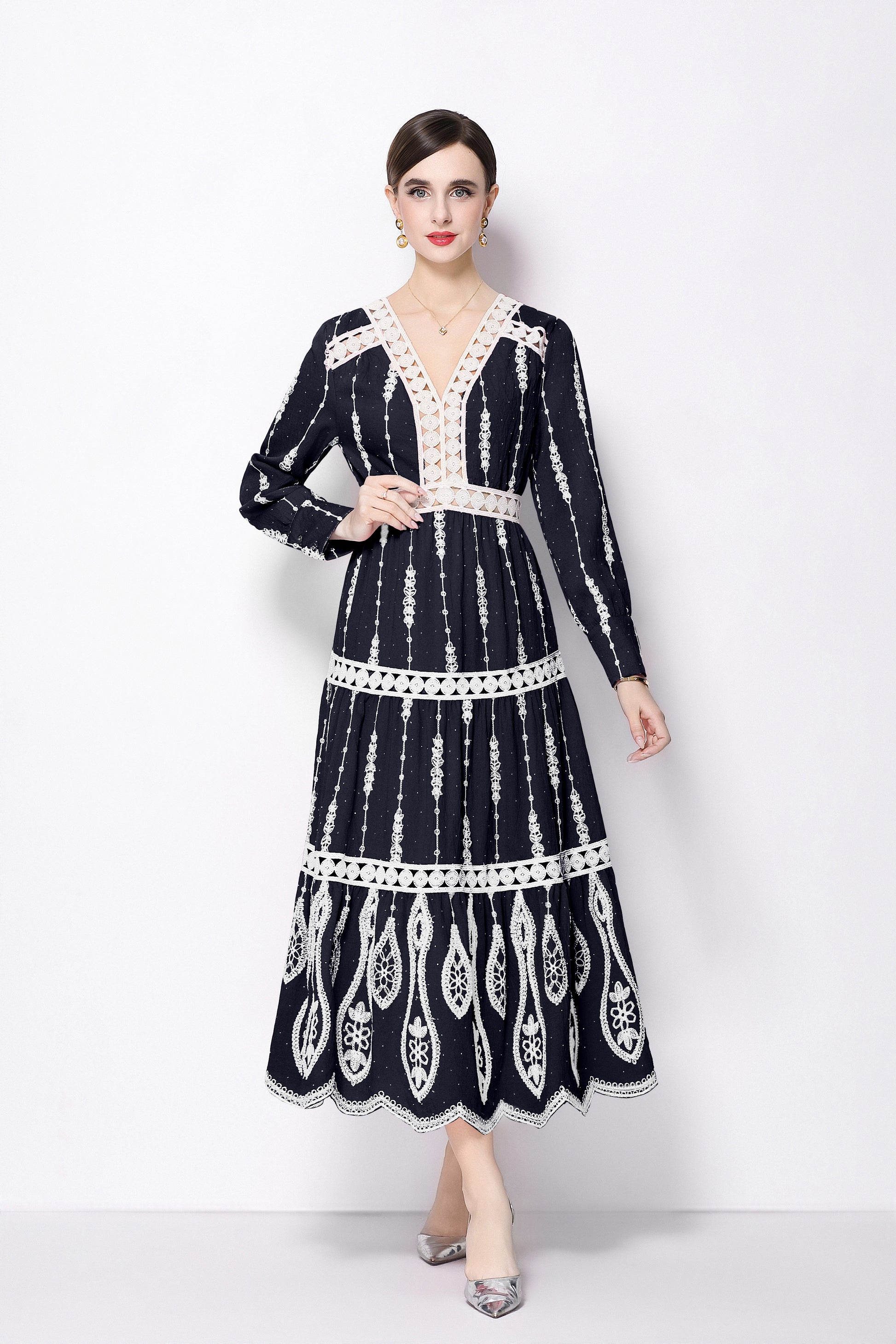 Women's V Neck Long Sleeve Hollowed Lace Linen Dress - LAI MENG FIVE CATS