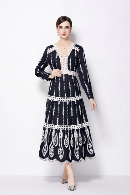 Women's V Neck Long Sleeve Hollowed Lace Linen Dress - LAI MENG FIVE CATS