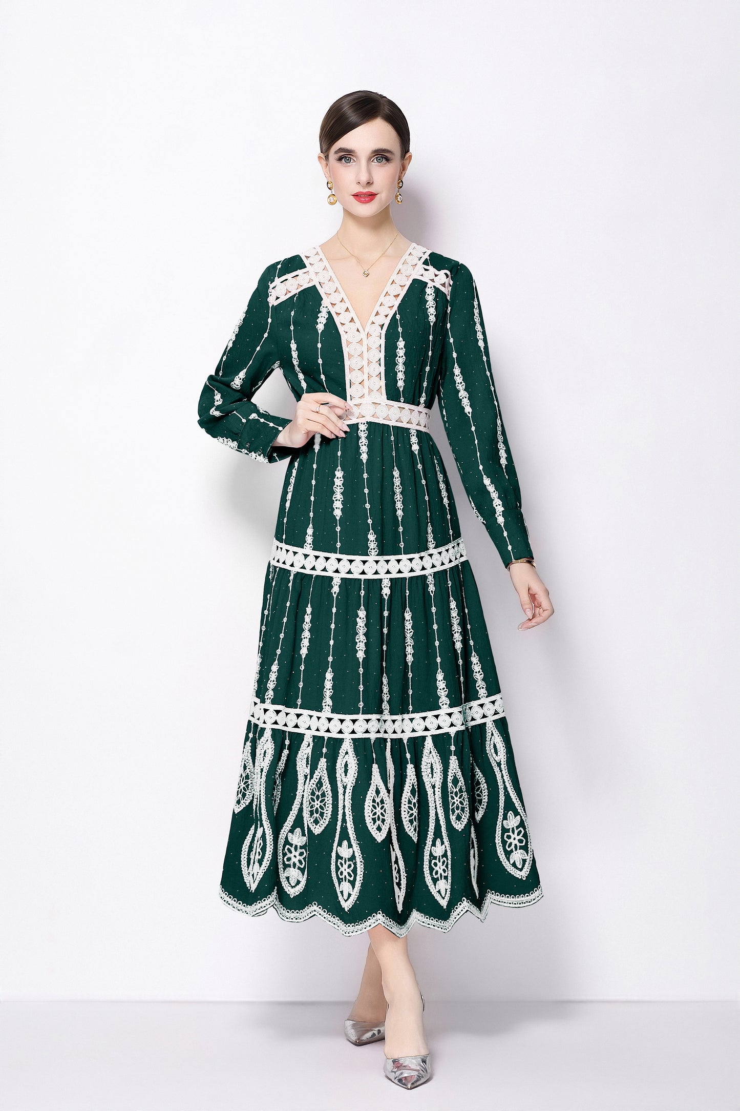Women's V Neck Long Sleeve Hollowed Lace Linen Dress - LAI MENG FIVE CATS