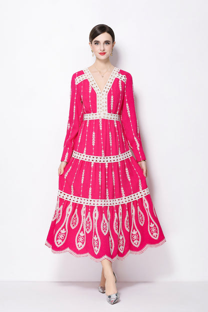 Women's V Neck Long Sleeve Hollowed Lace Linen Dress - LAI MENG FIVE CATS