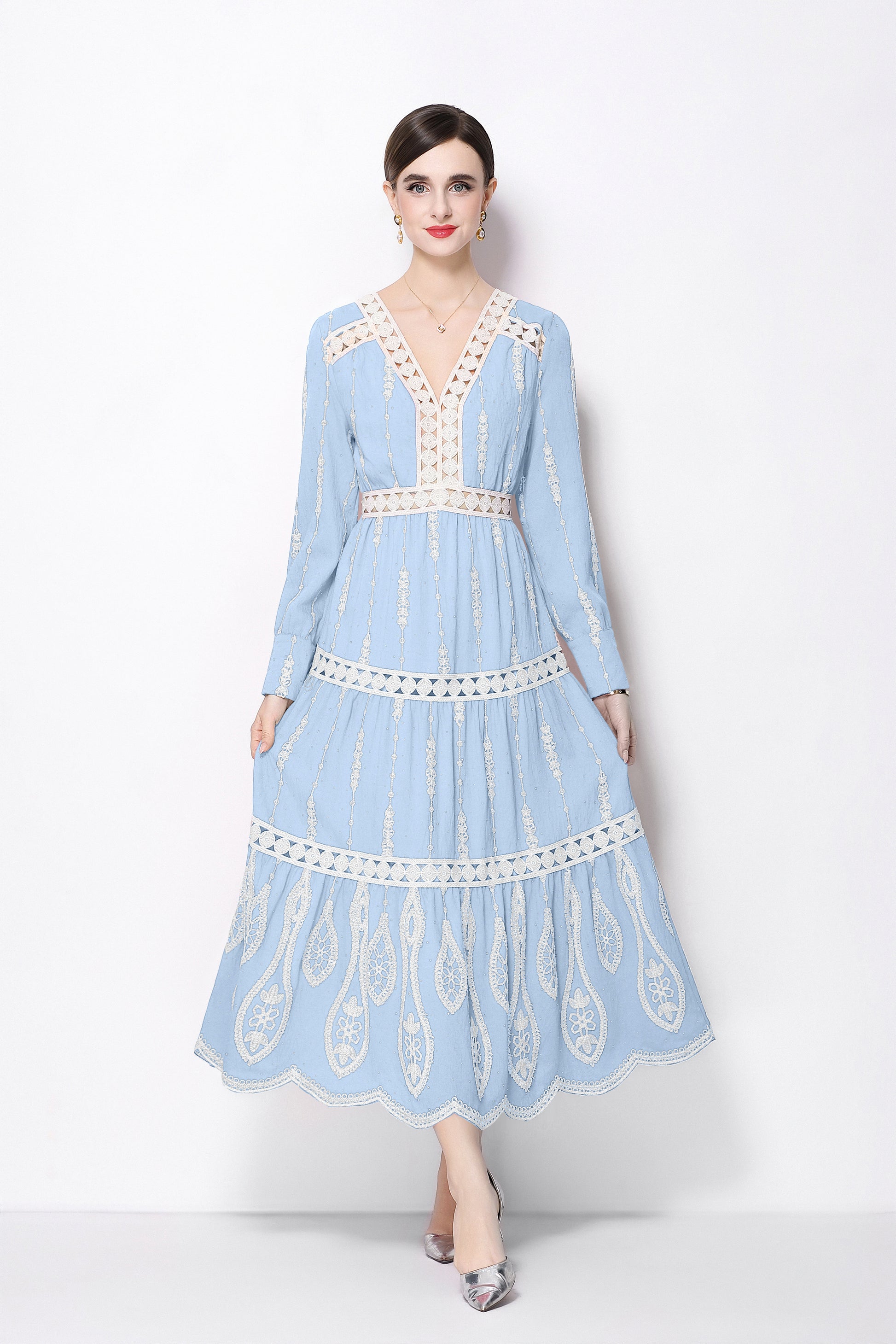 Women's V Neck Long Sleeve Hollowed Lace Linen Dress - LAI MENG FIVE CATS