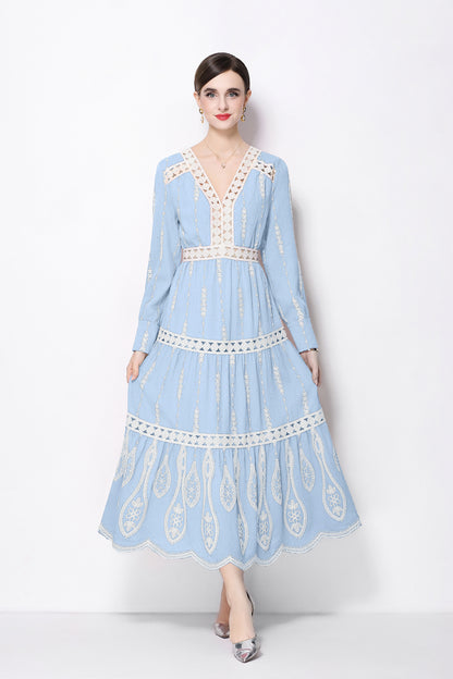 Women's V Neck Long Sleeve Hollowed Lace Linen Dress - LAI MENG FIVE CATS