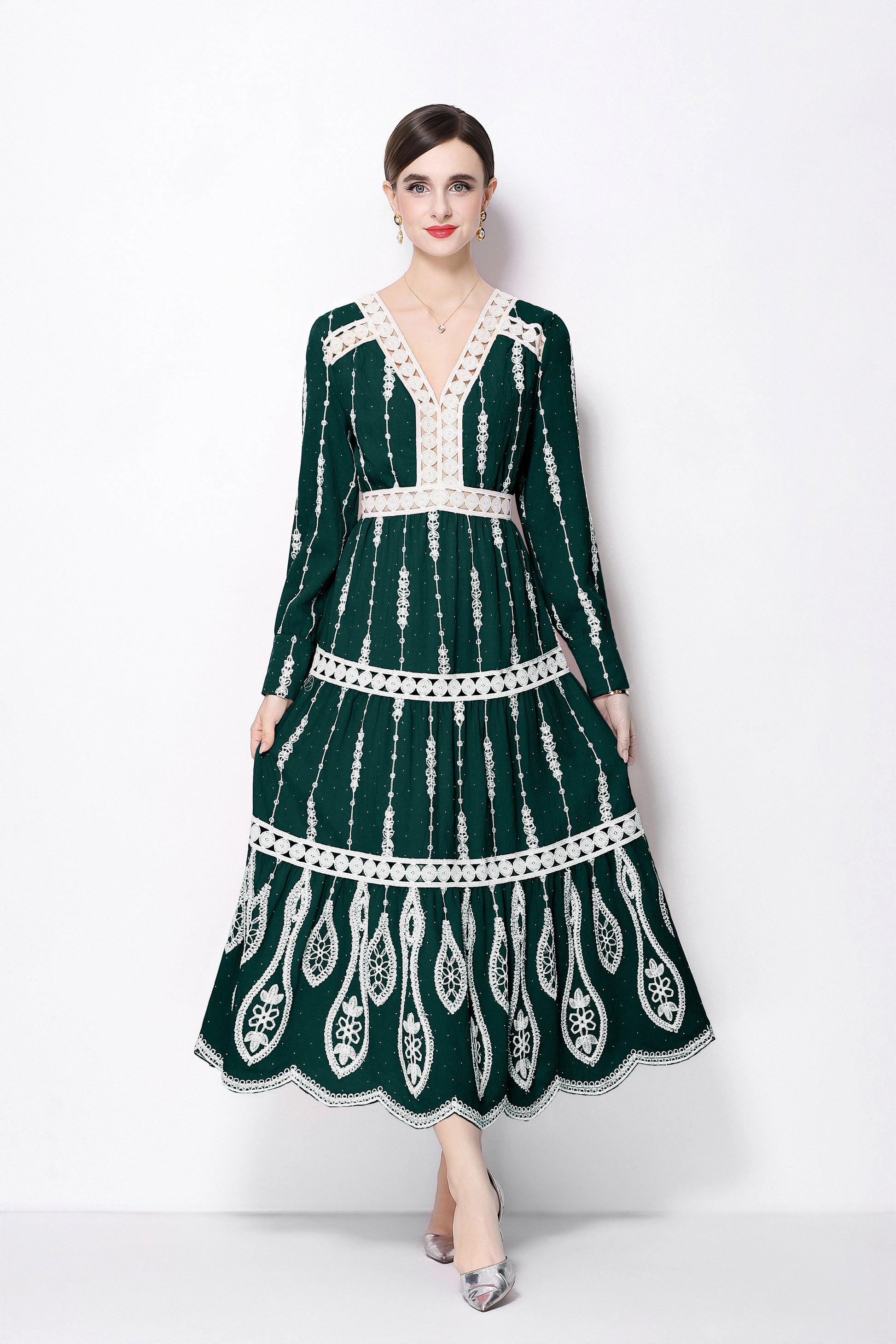 Women's V Neck Long Sleeve Hollowed Lace Linen Dress - LAI MENG FIVE CATS