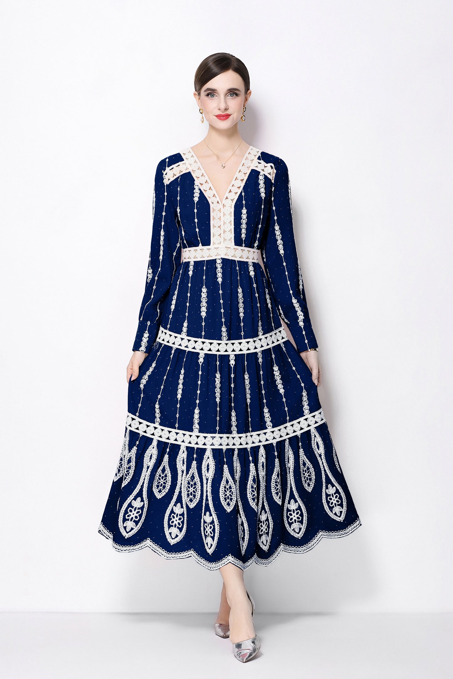 Women's V Neck Long Sleeve Hollowed Lace Linen Dress - LAI MENG FIVE CATS