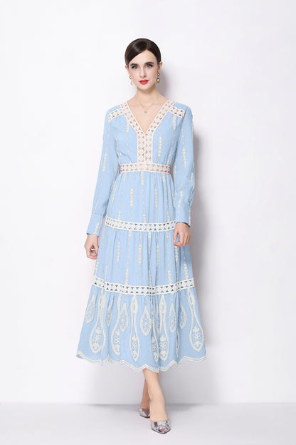 Women's V Neck Long Sleeve Hollowed Lace Linen Dress - LAI MENG FIVE CATS