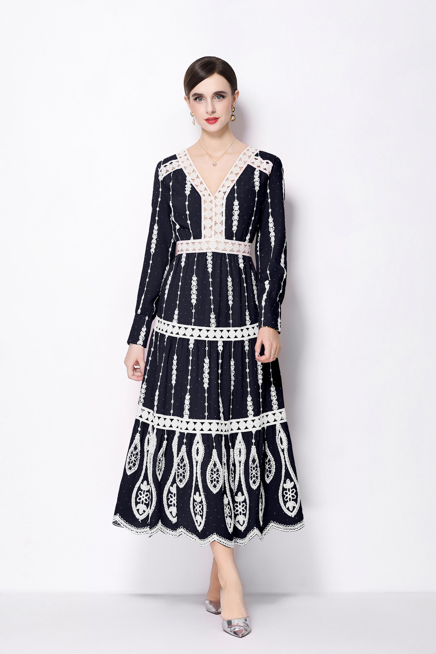 Women's V Neck Long Sleeve Hollowed Lace Linen Dress - LAI MENG FIVE CATS