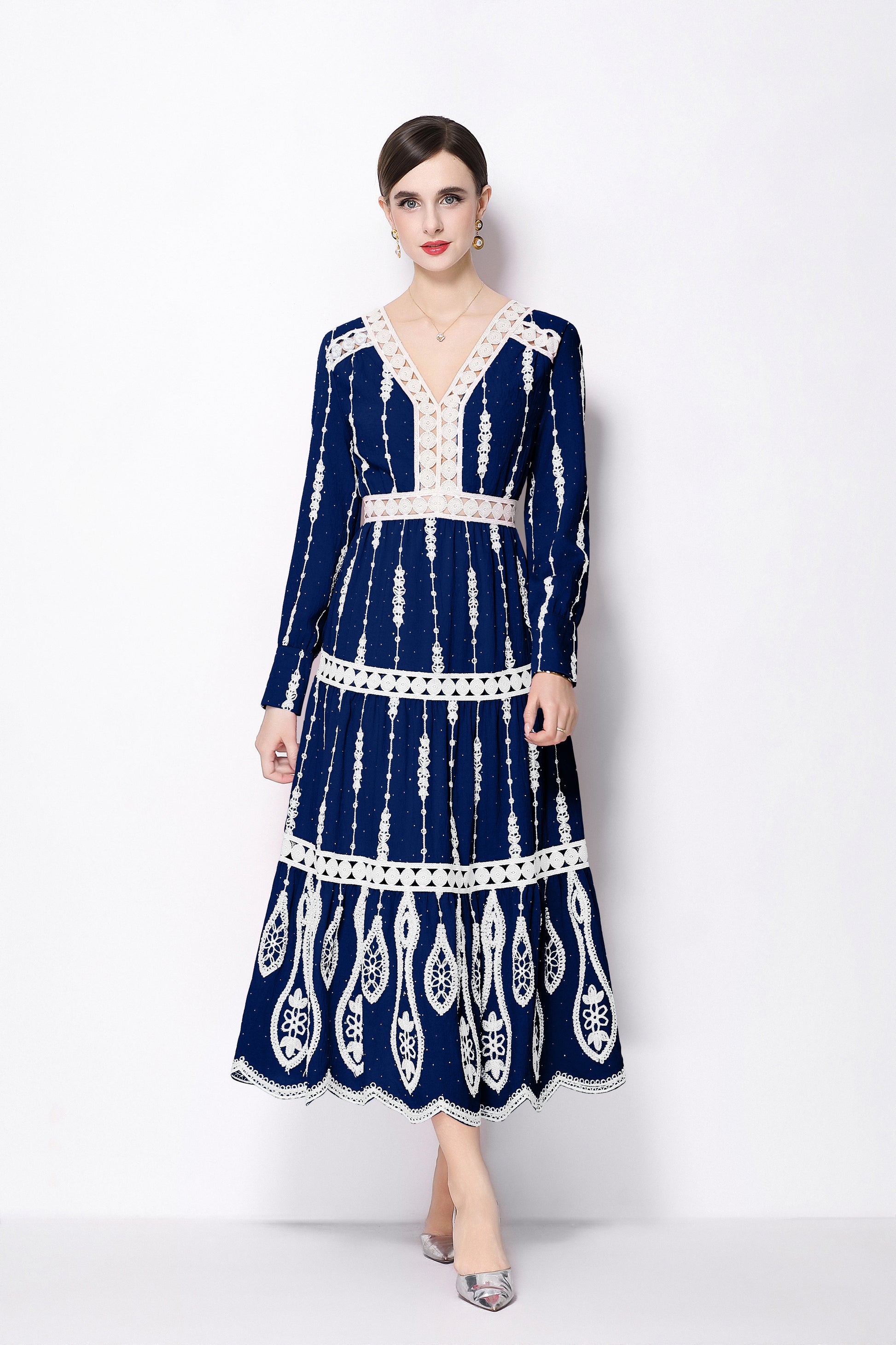 Women's V Neck Long Sleeve Hollowed Lace Linen Dress - LAI MENG FIVE CATS
