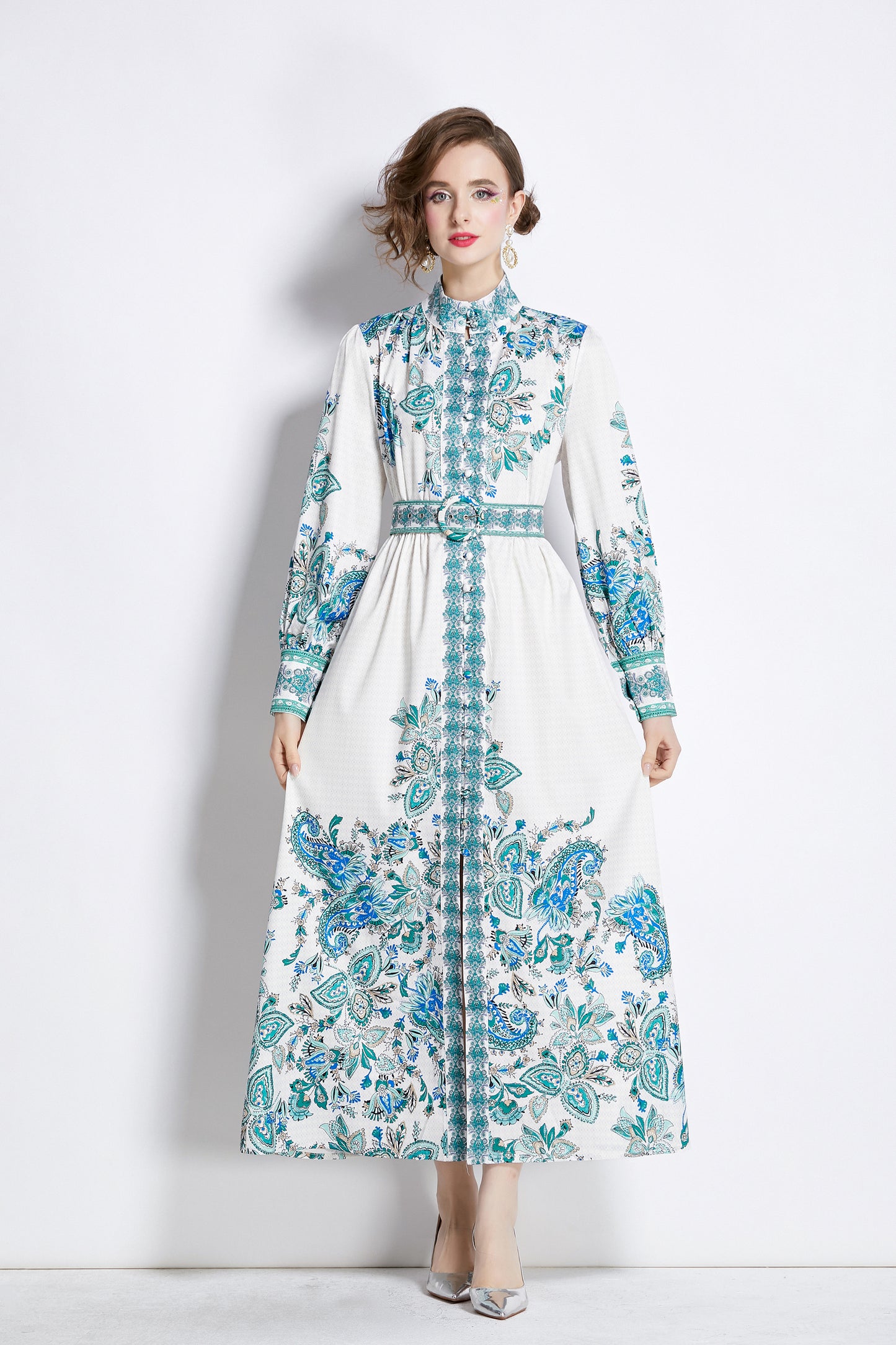 Vintage Floral Print Flowy Maxi Belt Dress