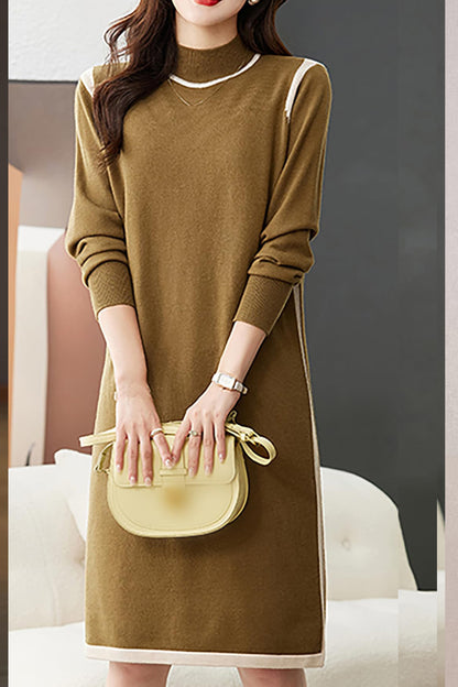 Knit Crew Neck A Line Midi Dress with Belt